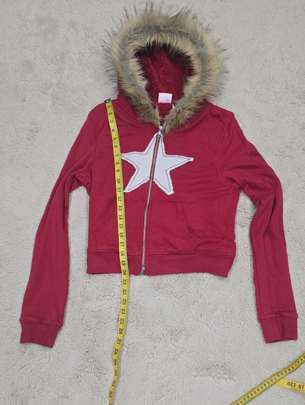 Urban Outfitters Red Zip Hoodie with Faux-Fur Trimmed Hood and White Star - Picture 4 of 7